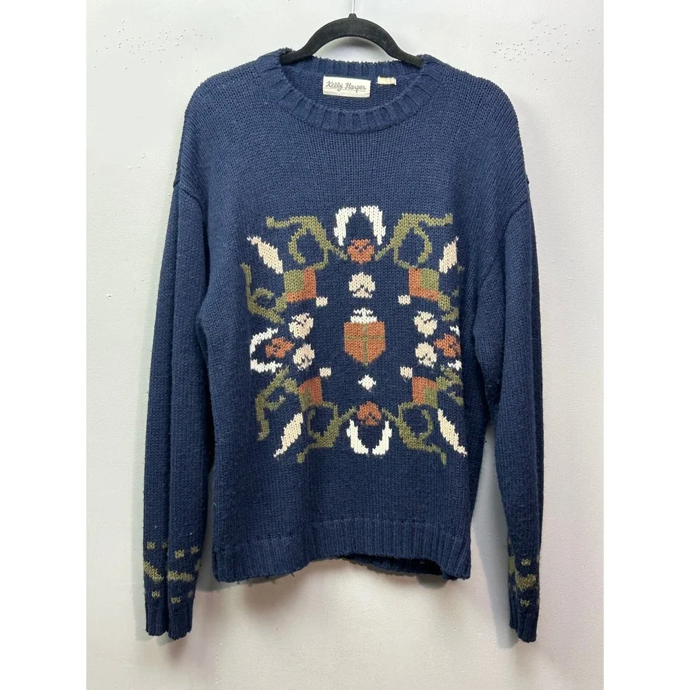 Kelly Harper Navy Blue Geometric Pattern Knit Sweater Women's Size Large